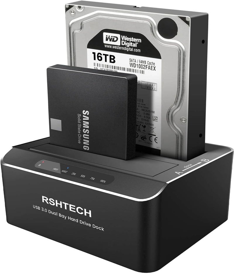 Rshtech Hard Drive Dock, Aluminum USB 3.0 to SATA Dual Bay External Hard Drive Docking Station for 2.5 & 3.5 inch SATA HDD SSD with Offline Clone/Duplicator Function, Support UASP & 2x16TB (RSH-DS01) - Image 1